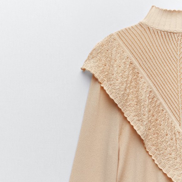 NEW Zara Long Sleeve Ruffled Knit Sweater Cream - Picture 8 of 11